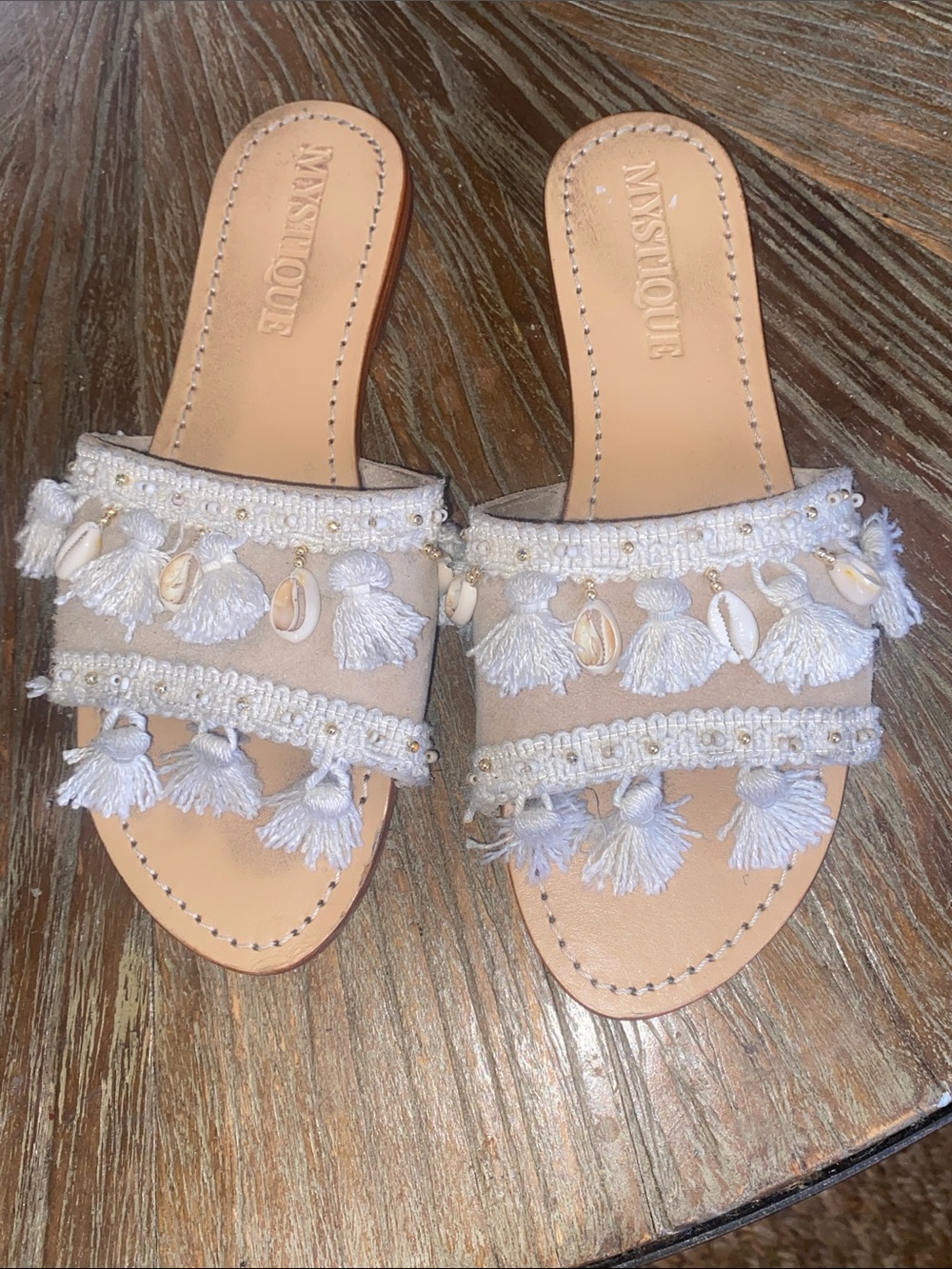Mystique Boutique Cream Tassel & Shell Slide Sandals